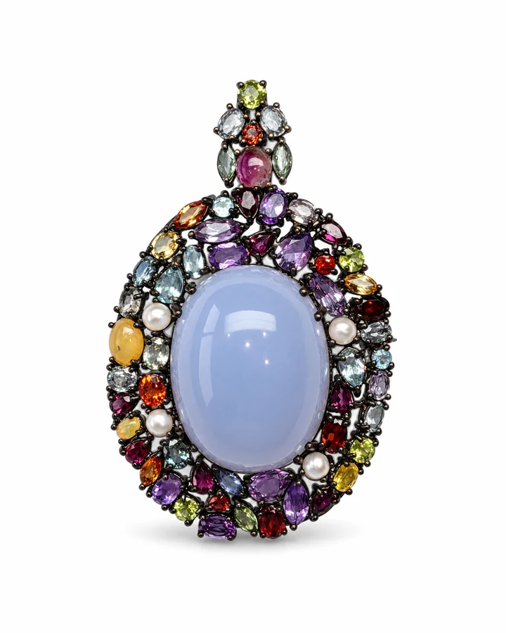 Periwinkle Moon: Periwinkle Cabochon & Multicolour Halo Pendant by Ivari