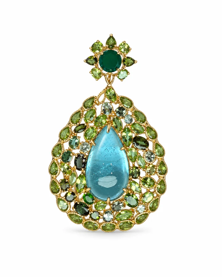 Kingfisher Drop: Teal Pear Cabochon & Green Halo Pendant by Ivari