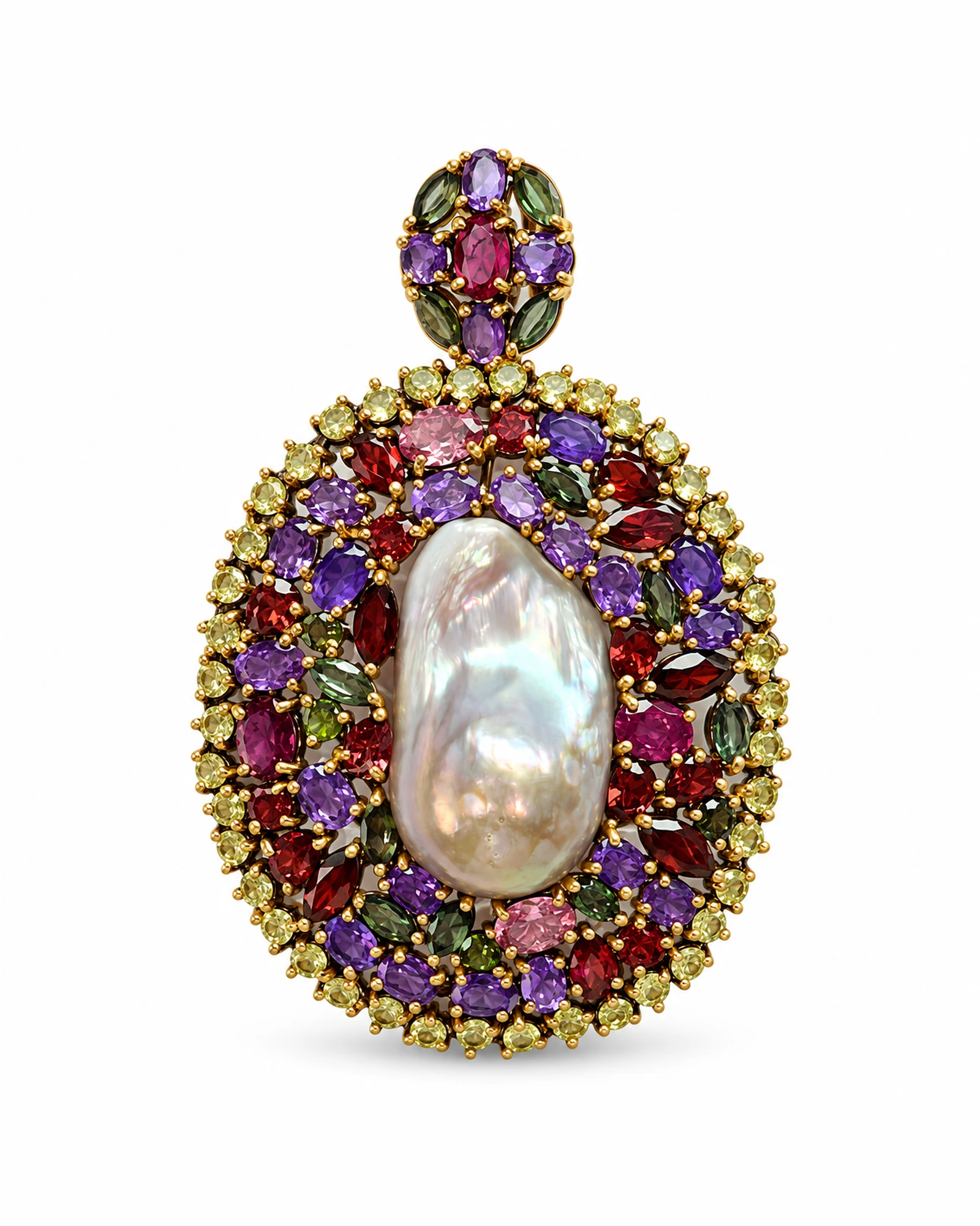 Carnival Pearl: Baroque Pearl & Jewel-Tone Halo Pendant by Ivari
