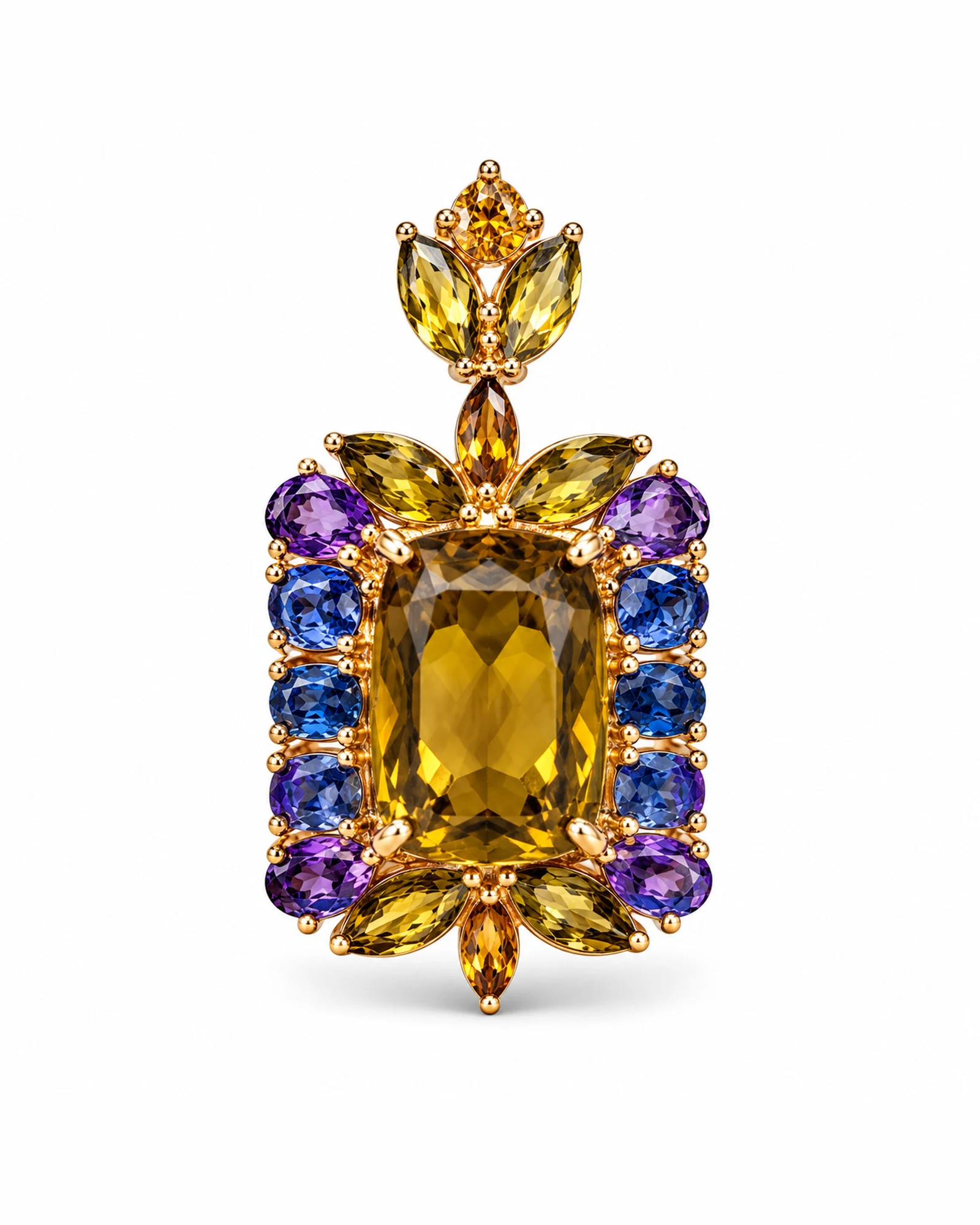 Golden Casement: Golden Emerald-Cut & Blue Halo Pendant by Ivari