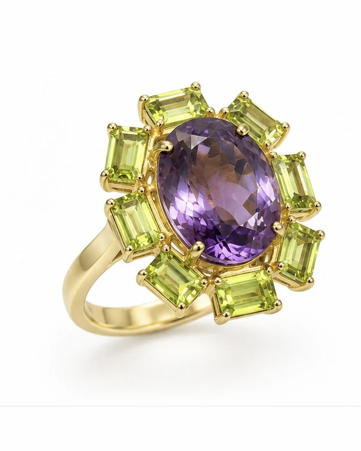 Lilac Orchard: Violet Oval & Lime Halo Ring by Ivari