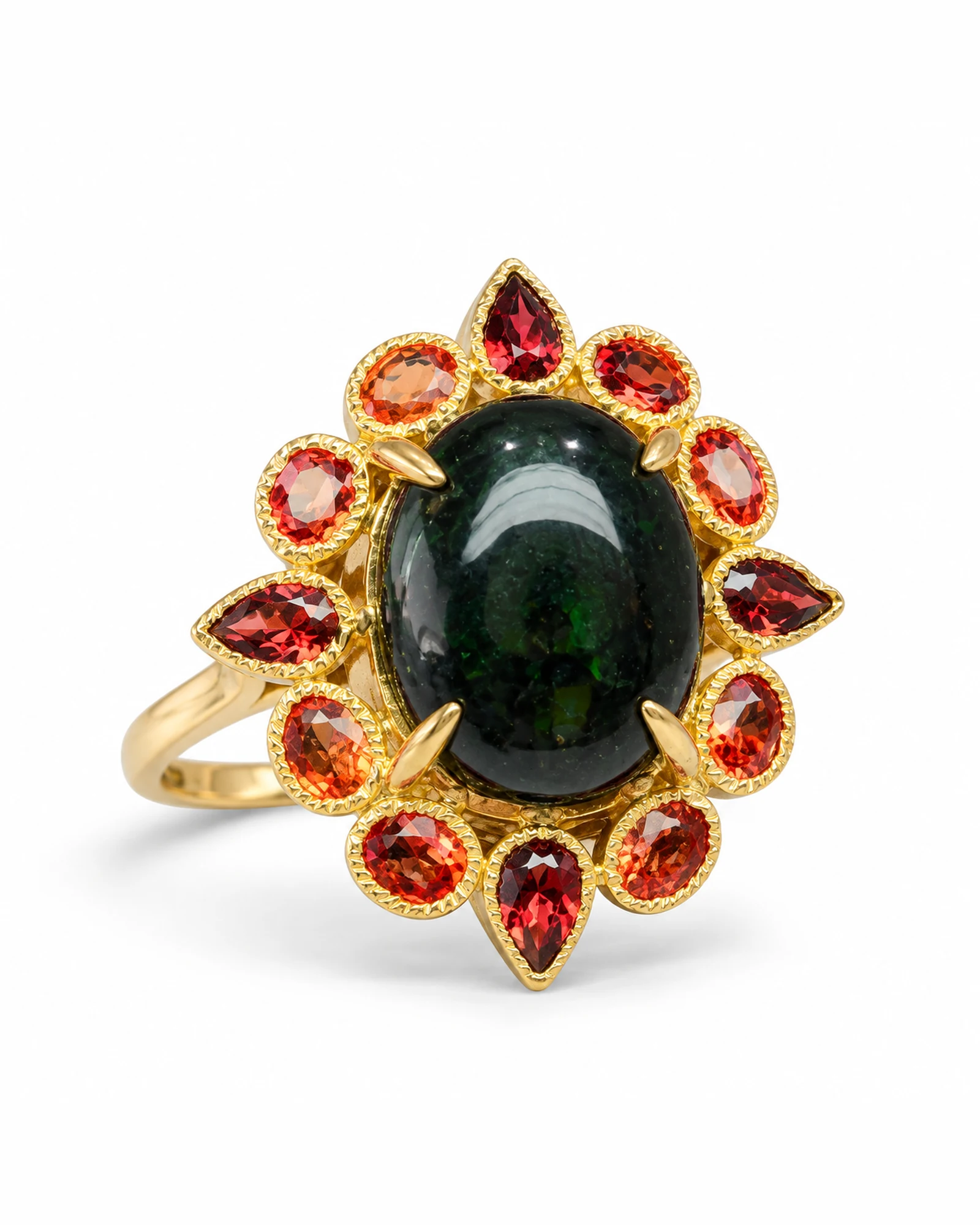 Ember Oval: Dark-Green Cabochon & Orange Halo Ring by Ivari