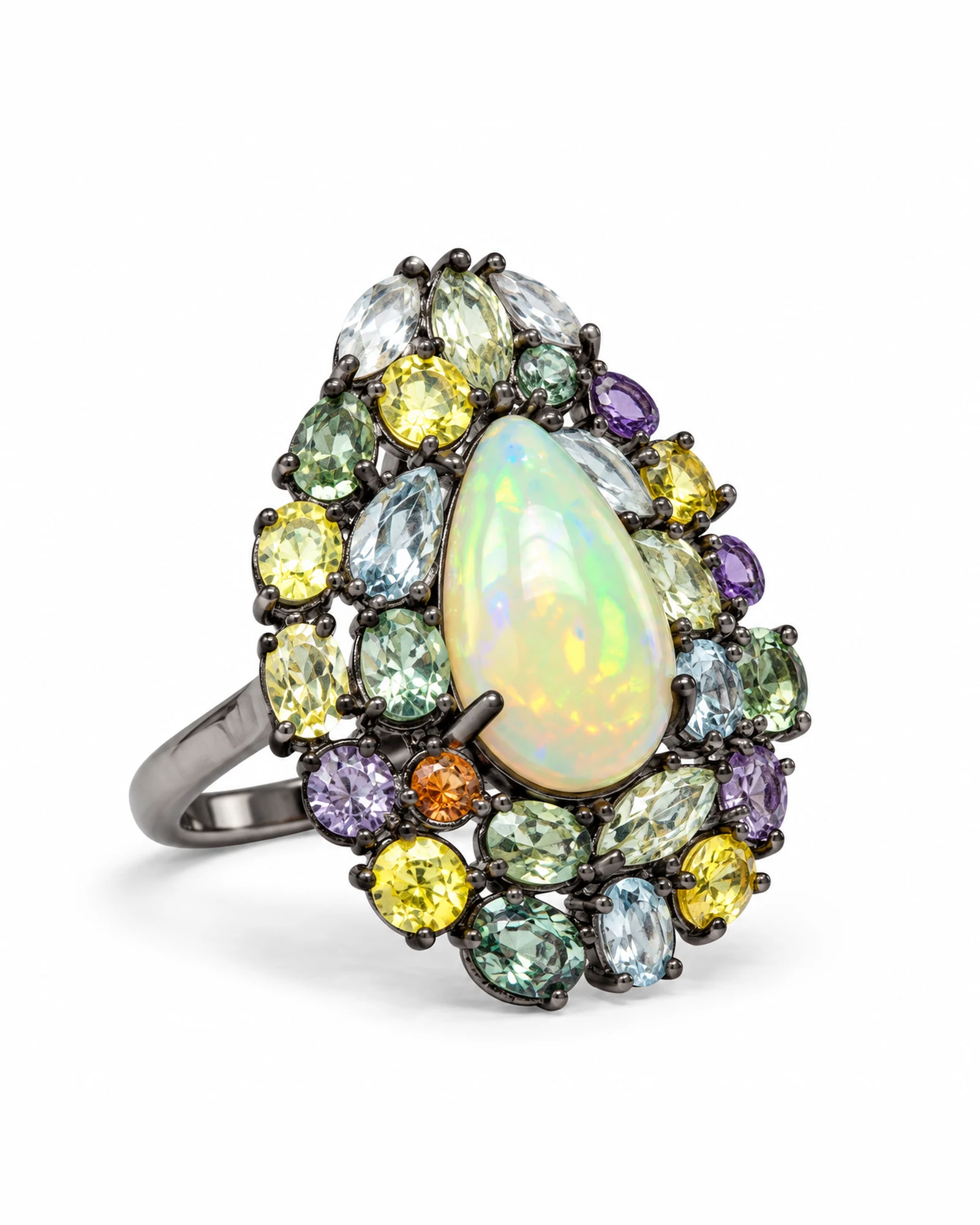 Aurora Pear: Pear Cabochon & Multicolour Halo Ring by Ivari