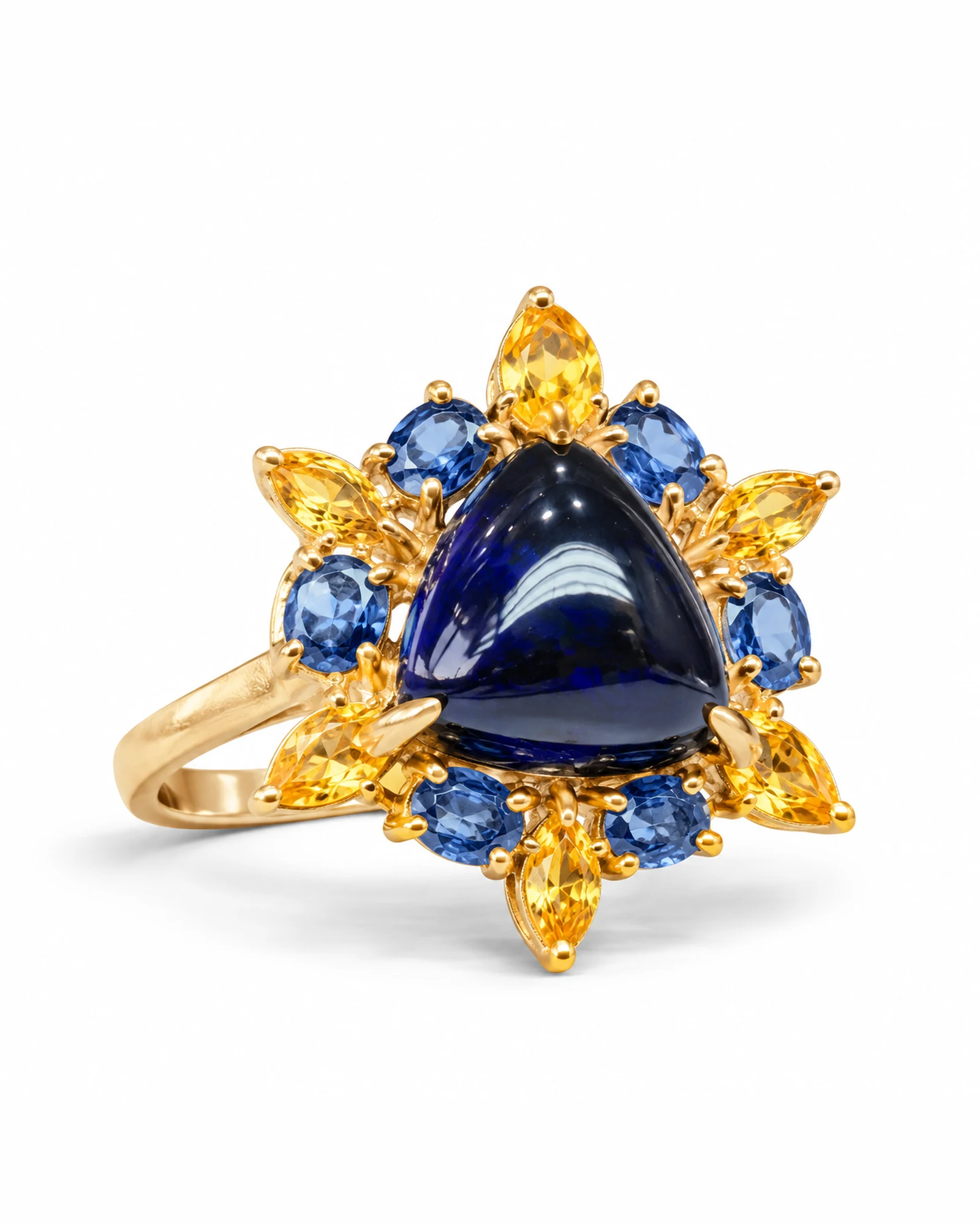 Indigo Peak: Deep-Blue Cabochon & Golden Halo Ring by Ivari