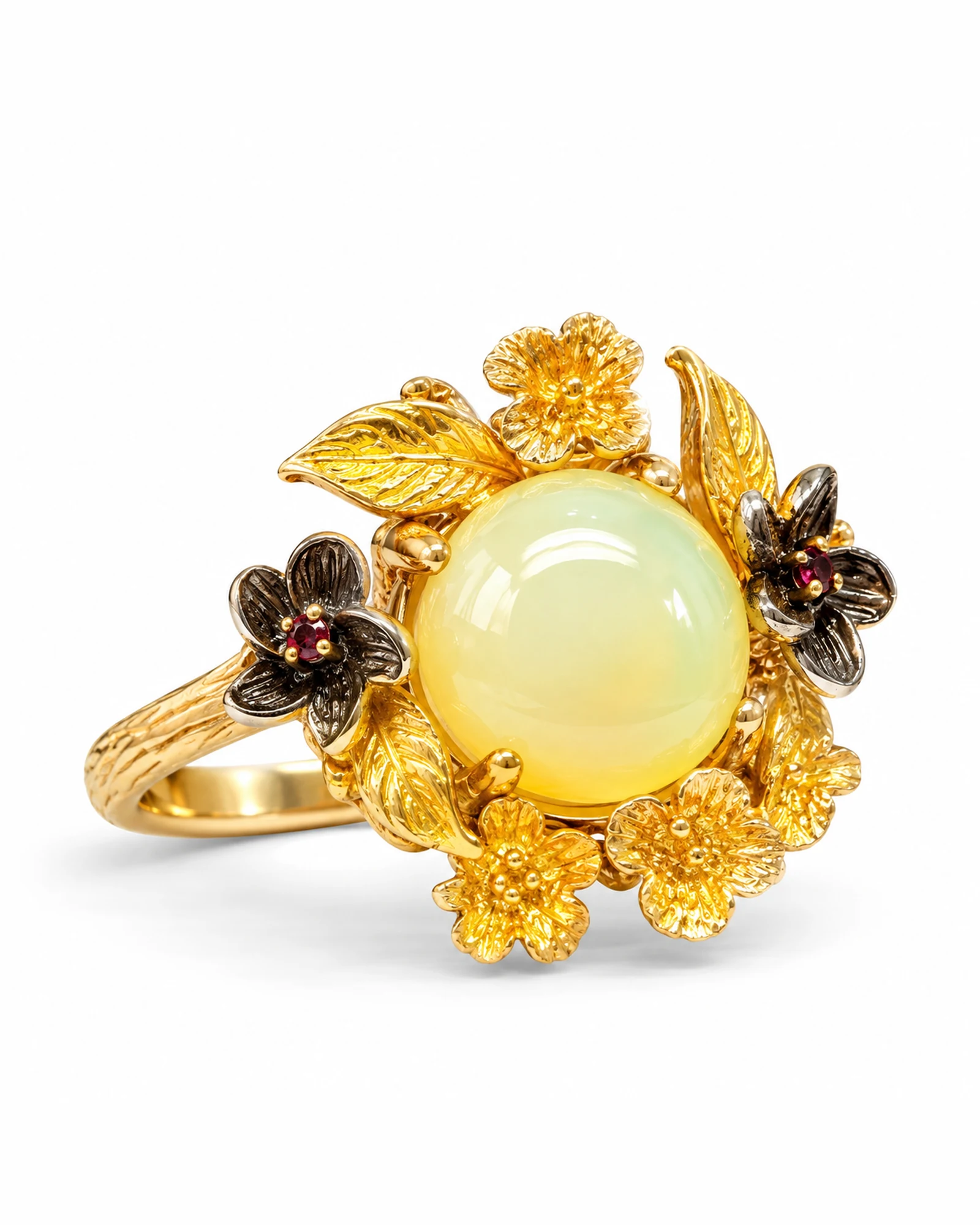 Honey Blossom: Pale-Yellow Cabochon & Gold Flower Ring by Ivari