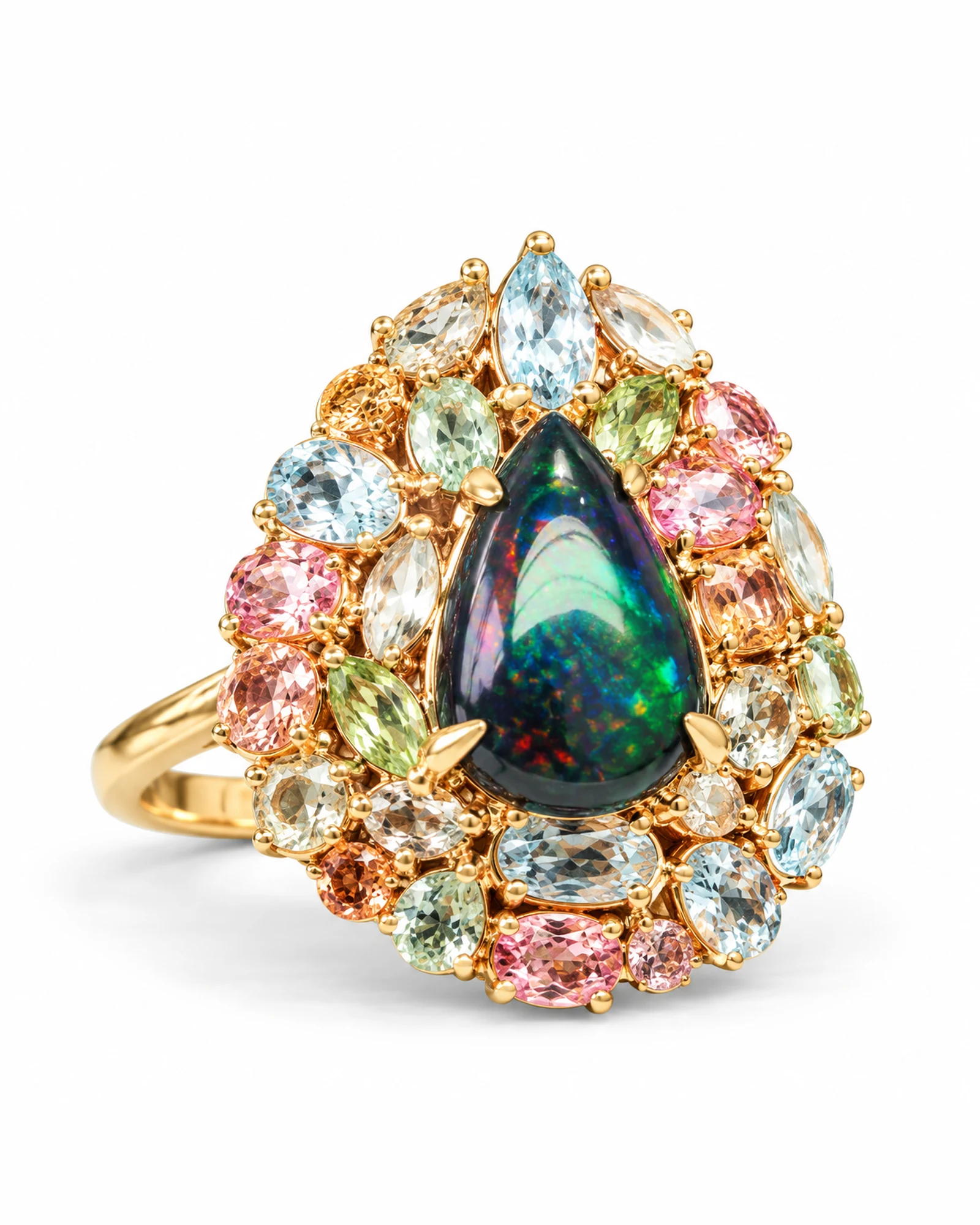 Meadow Pear: Dark Pear Cabochon & Pastel Halo Ring by Ivari